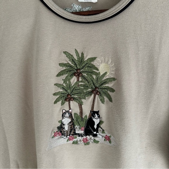 Vintage BonWorth Beige Embroidery Cat & Palm Beachy Top Boho Women’s Medium - Picture 9 of 12